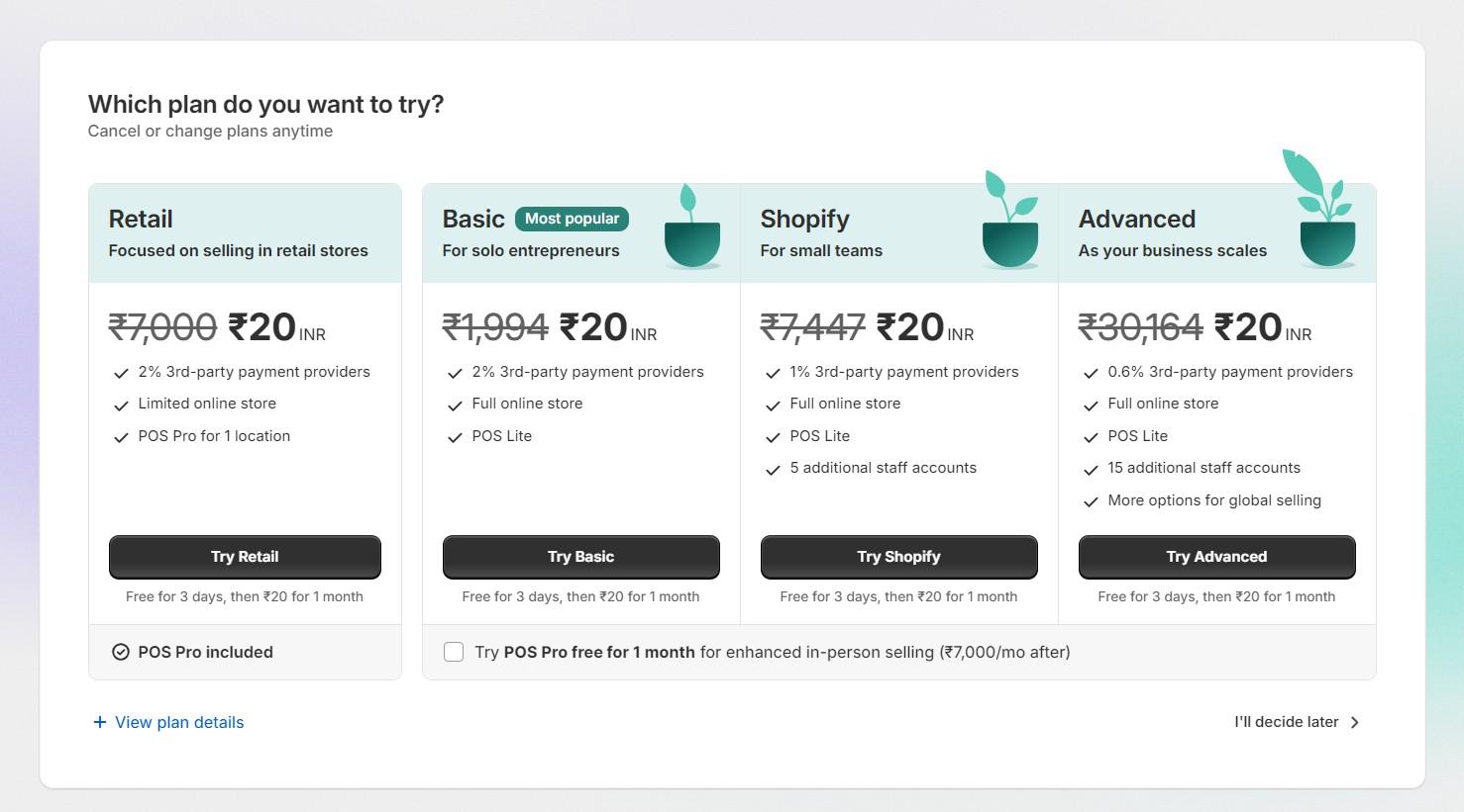 Select The Shopify Plan
