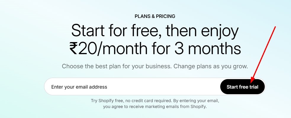 Shopify Homepage & Click On Start Free Trial
